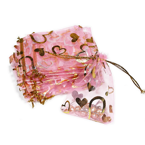 100x Schmuckbeutel 11x16cm Organzabeutel Verpackung gold rosa Herz - zum Schließen ins Bild klicken